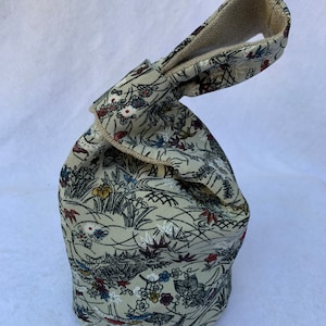 Gray floral print kimono knot bag, natural linen clutch, silk Japanese knot bag