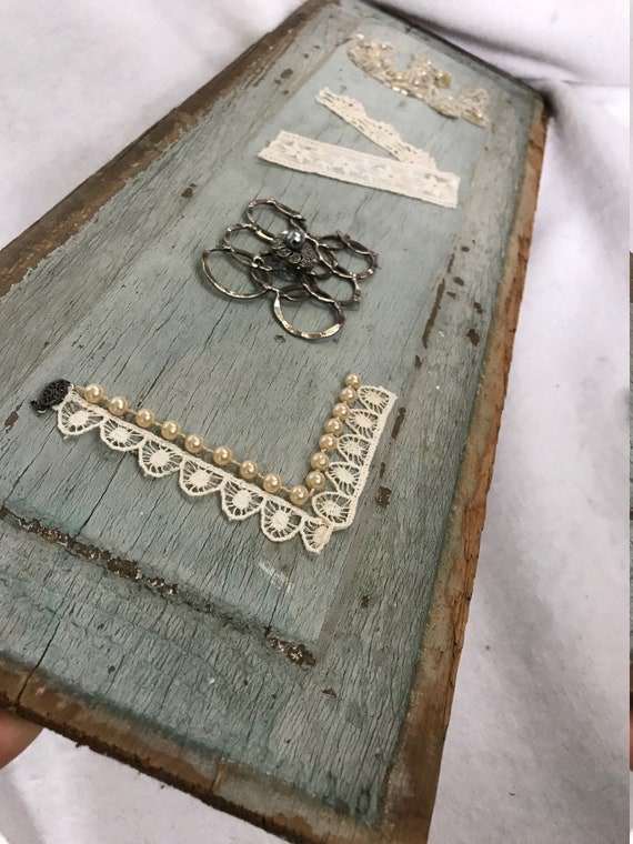 Rustic Blue Assemblage Love Sign Shabby Chic Bedroom Sign Anniversary Gift Vintage Wedding Decor