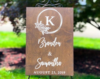 Wedding Welcome Sign, Monogram Name sign, Custom Wood Sign, Flower Wreath