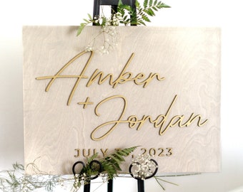 Wedding Welcome Sign, Custom 3D Gold Wood Wedding Sign, Minimalist Ceremony Sign, Modern Reception Sign, Personalized Name Sign