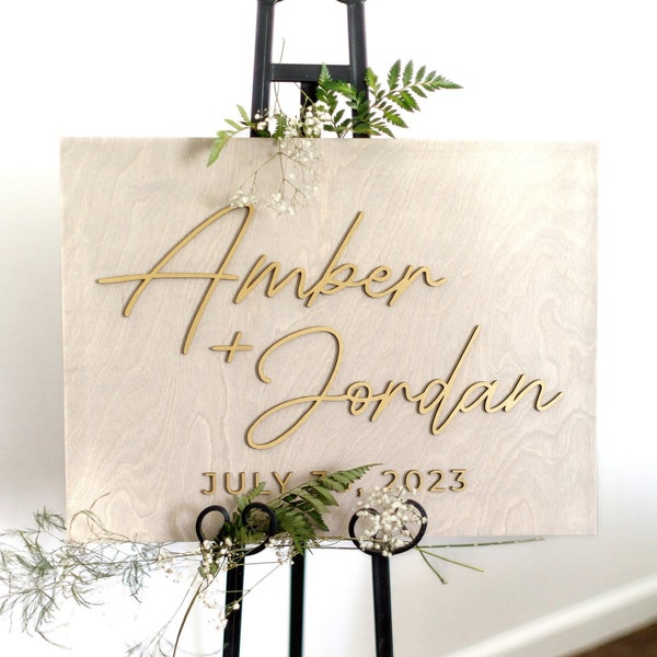 Wedding Welcome Sign, Custom 3D Gold Wood Wedding Sign, Minimalist Ceremony Sign, Modern Reception Sign, Personalized Name Sign