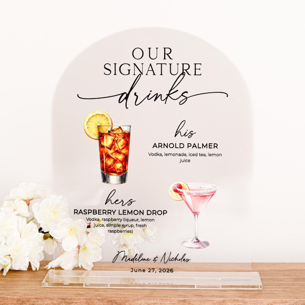 Signature Drinks Wedding Bar Sign – Acrylic Arch with UV Printed Custom Cocktail Menu and Names, Perfect for Reception Decor