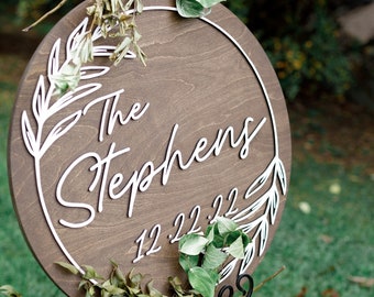 3D Circle Wedding Welcome Sign, Wooden Geometric circle Wreath Custom Wood Wedding Sign, Round Family Name Sign, Rustic Ceremony Sign