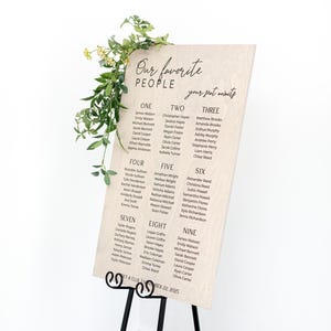 May include: A wooden wedding seating chart with the text "Our favorite people, your seat awaits." The names are organized in columns. The sign is displayed on a black metal easel, with greenery at the top.