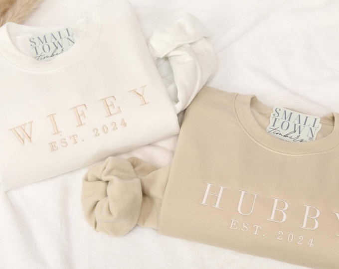 Wifey & Hubby Sweatshirts, Personalized Embroidered Shirt, Custom Engagement Gift, His and Hers, Bridal Shower Her, Wedding Gift