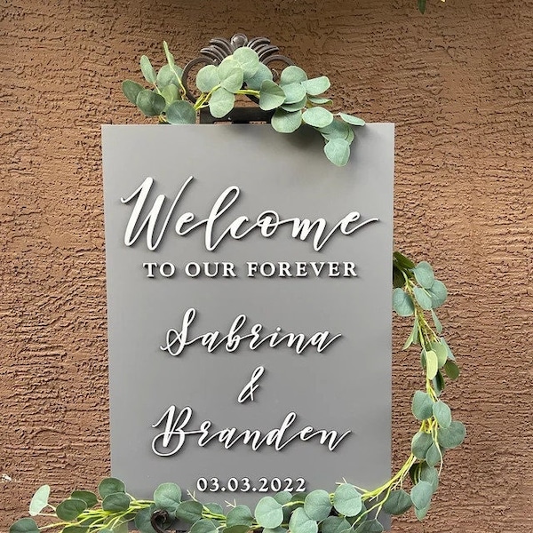 3D Wedding Welcome Sign - Custom Wood Wedding Sign - Welcome to Our Forever Sign - Dark Grey Sign - White - 3D Name Sign