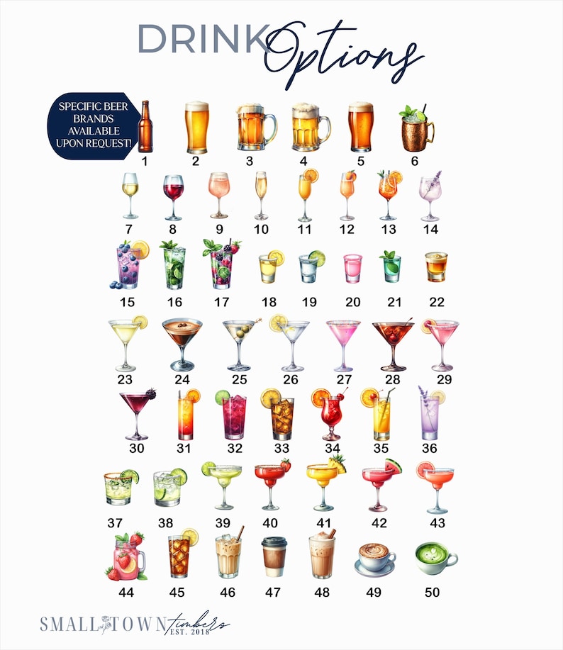May include: A digital chart titled DRINK Options displaying 50 numbered illustrations of various alcoholic and non-alcoholic beverages, including beers, cocktails, martinis, and hot drinks, with a note stating specific beer brands available upon request.