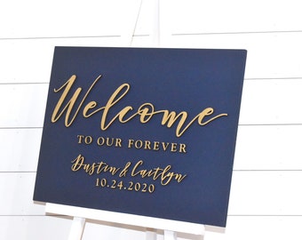 Painted 3D Wedding Welcome Sign - Custom Wood Wedding Sign - Welcome to Our Forever Sign - Navy Sign -Gold