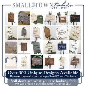 The image is a collage of various wooden signs and banners, showcasing a range of unique designs.