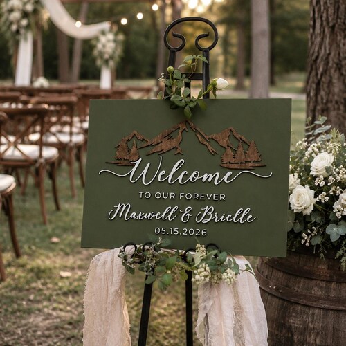 Personalized 3D Wooden Wedding Welcome Sign - Custom Mountain Pine Tree Rustic Wedding Sign, Welcome to Our Forever, Outdoor Wedding Decor