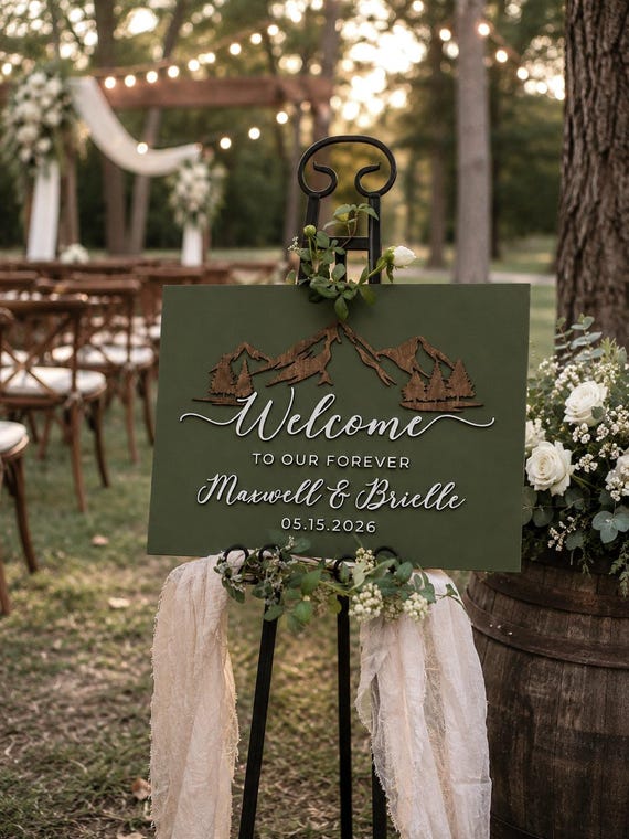 Personalized 3D Wooden Wedding Welcome Sign - Custom Mountain Pine Tree Rustic Wedding Sign, Welcome to Our Forever, Outdoor Wedding Decor