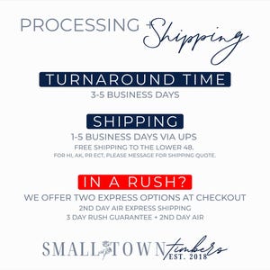 May include: A white informational graphic with dark blue and red text detailing processing and shipping policies. The text includes headings like Processing + Shipping, Turnaround Time, Shipping, and In A Rush, ending with the Small Town Timbers logo.