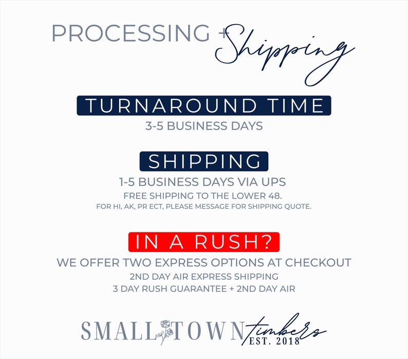 May include: A white informational graphic with dark blue and red text detailing processing and shipping policies. The text includes headings like Processing + Shipping, Turnaround Time, Shipping, and In A Rush, ending with the Small Town Timbers logo.
