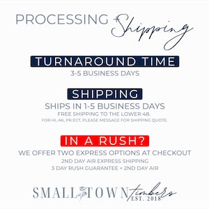 May include: A white informational graphic with dark blue and red text. It displays processing and shipping details, including turnaround times, shipping policies for the lower 48 states, express options, and the Small Town Timbers est. 2018 logo.