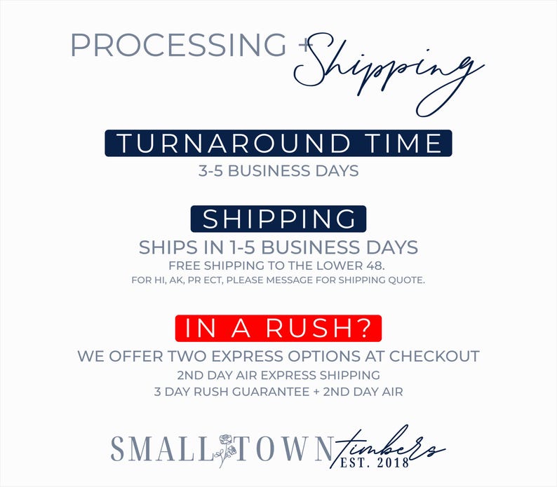May include: A white informational graphic with dark blue and red text. It displays processing and shipping details, including turnaround times, shipping policies for the lower 48 states, express options, and the Small Town Timbers est. 2018 logo.