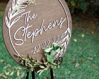 3D Circle Wedding Welcome Sign, Wooden Geometric circle Wreath Custom Wood Wedding Sign, Round Family Name Sign, Rustic Ceremony Sign