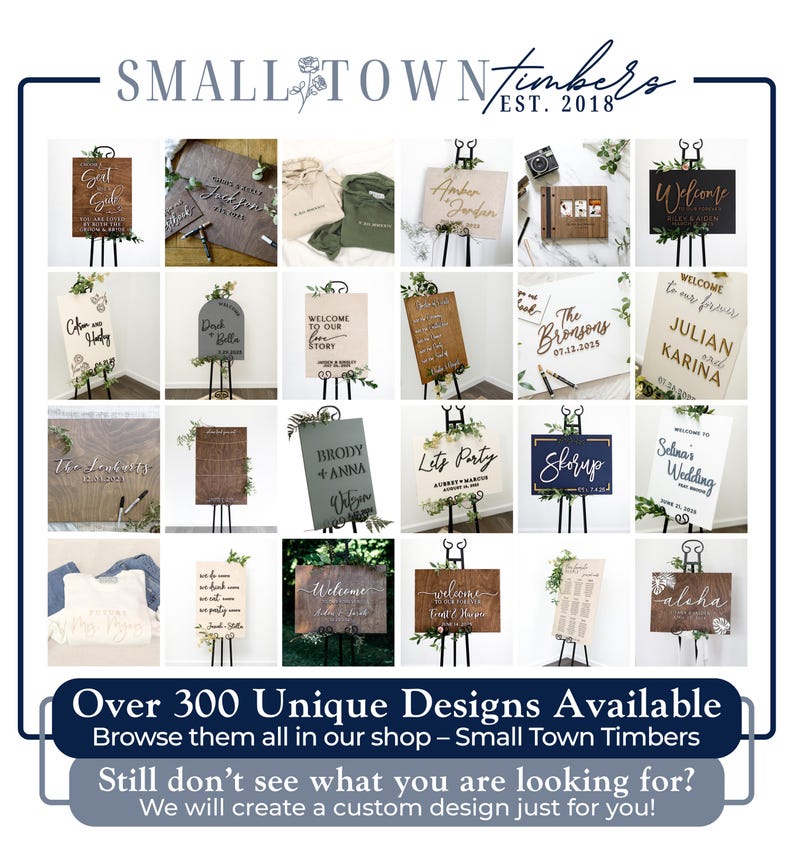 The image is a collage of various wooden signs and banners, showcasing a range of unique designs.