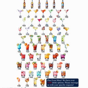 May include: A collection of illustrated beverage options including beer bottles numbered 90 through 95 and various cocktails in glasses numbered 96 through 151, featuring colorful garnishes and ice. Text at the bottom reads Small Town Timbers Est 2018.