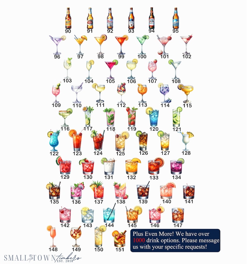 May include: A collection of illustrated beverage options including beer bottles numbered 90 through 95 and various cocktails in glasses numbered 96 through 151, featuring colorful garnishes and ice. Text at the bottom reads Small Town Timbers Est 2018.