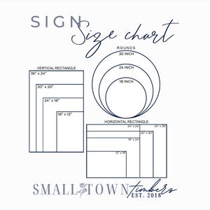 May include: A sign size chart featuring dark blue outlines on a white background. It displays vertical rectangles, horizontal rectangles, and rounds with dimensions in inches. Text includes SIGN Size chart and SMALL TOWN timbers EST. 2018.