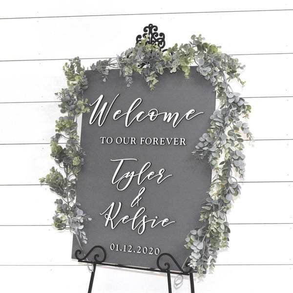 Painted 3D Wedding Welcome Sign - Custom Wood Wedding Sign - Welcome to Our Forever Sign - Dark Grey Sign - White