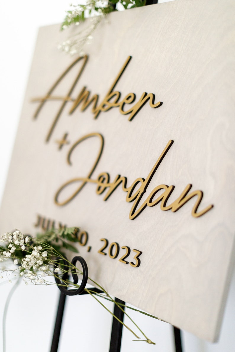 Wedding Welcome Sign, Custom 3D Gold Wood Wedding Sign, Minimalist Ceremony Sign, Modern Reception Sign, Personalized Name Sign image 2