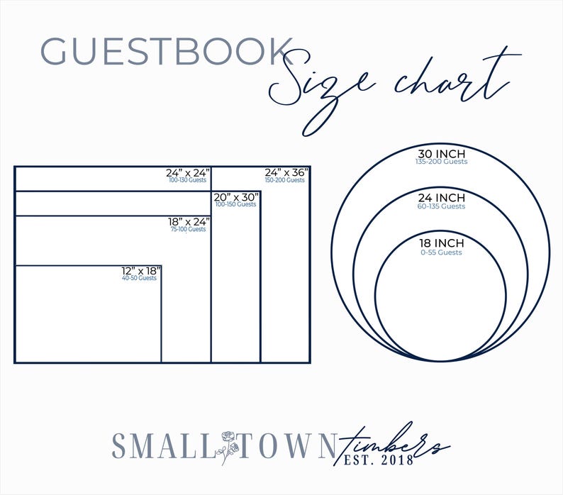 The image is a guestbook size chart from the "Small Town Timbers" company, established in 2018. The chart provides the dimensions of various guestbook sizes, ranging from 30 inches to 18 inches, and the corresponding number of guests.