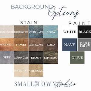 The image is a collage of various colored stains and paint swatches, along with the text "BACKGROUND OPTIONS" and "STAIN PAINT" to describe the different color options available.
