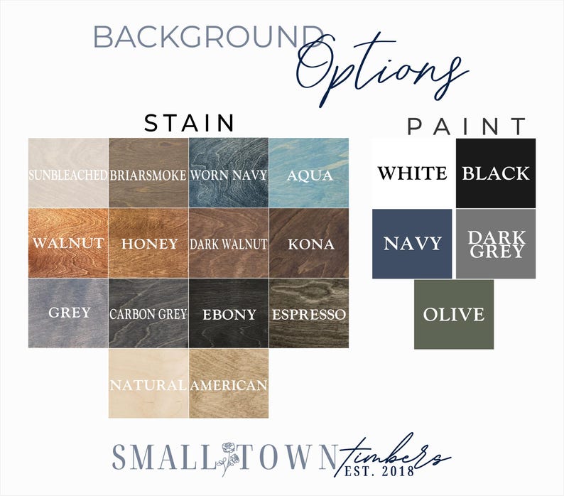 The image is a collage of various colored stains and paint swatches, along with the text "BACKGROUND OPTIONS" and "STAIN PAINT" to describe the different color options available.