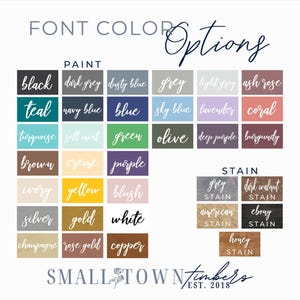 a collection of font color options, including paint colors and stain colors, presented in a grid format. The options are listed in a visually appealing and organized manner, allowing for easy comparison and selection.