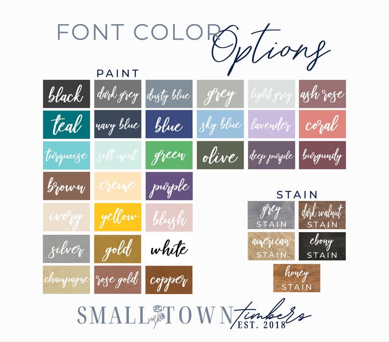 a collection of font color options, including paint colors and stain colors, presented in a grid format. The options are listed in a visually appealing and organized manner, allowing for easy comparison and selection.
