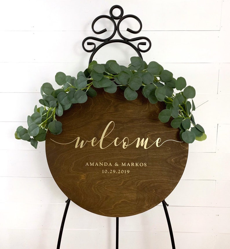 Round Wedding Welcome Sign  Custom Circle Wood Wedding Sign  image 0