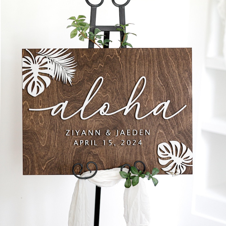 Letrero de boda Aloha, letrero de boda hawaiano de madera 3D, letrero de ceremonia personalizado, boda de destino, decoración de boda tropical, temática de playa imagen 1