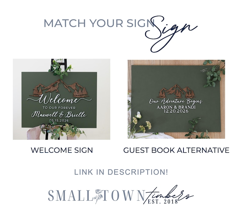 May include: Two rectangular olive green signs featuring a 3D wooden mountain range cutout. The left sign displays 'Welcome TO OUR FOREVER Maxwell & Brielle 05.15.2026'. The right sign displays 'Our Adventure Begins AARON & BRANDI 12.20.2026'.