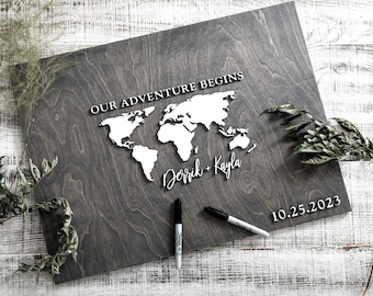 3D World Map Wedding Guest Book, Birch Wood Alternative