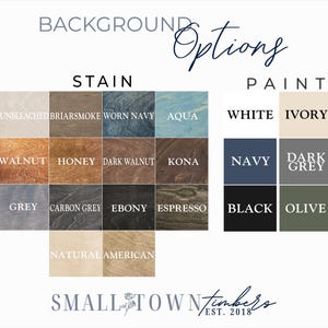 The image is a collage of various wood stains and paint colors, including options like Sunbleached Briars Smoke, Worn Navy, Aqua, White Ivory, Dark Grey, Walnut, Honey, Dark Walnut, Kona, Navy, Dark Grey, Olive, and Natural American. The background options are listed, and the text "BACKGROUND OPTIONS" is displayed above the image.