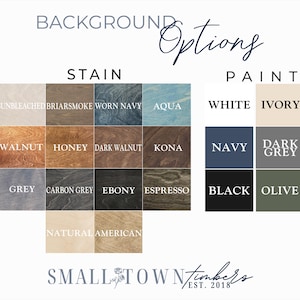 The image is a collage of various wood stains and paint colors, including options like Sunbleached Briars Smoke, Worn Navy, Aqua, White Ivory, Dark Grey, Walnut, Honey, Dark Walnut, Kona, Navy, Dark Grey, Olive, and Natural American. The background options are listed, and the text "BACKGROUND OPTIONS" is displayed above the image.
