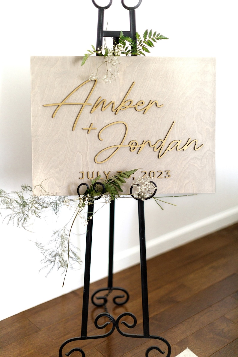Wedding Welcome Sign, Custom 3D Gold Wood Wedding Sign, Minimalist Ceremony Sign, Modern Reception Sign, Personalized Name Sign image 1