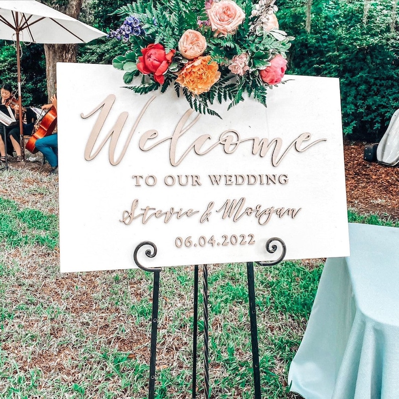 Painted 3D Wedding Welcome Sign, Custom Wood Wedding Signage, Welcome to Our Forever Sign, White Champagne Sign board image 1