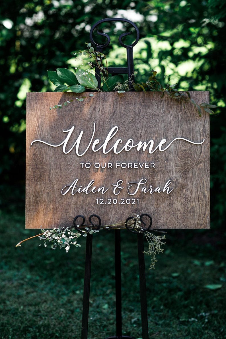 Letrero de bienvenida para boda en 3D - Letrero de boda de madera personalizado - Letrero "Bienvenido a nuestra boda para siempre" - Letrero de boda en 3D - Tablero de nombre para boda en 3D imagen 1