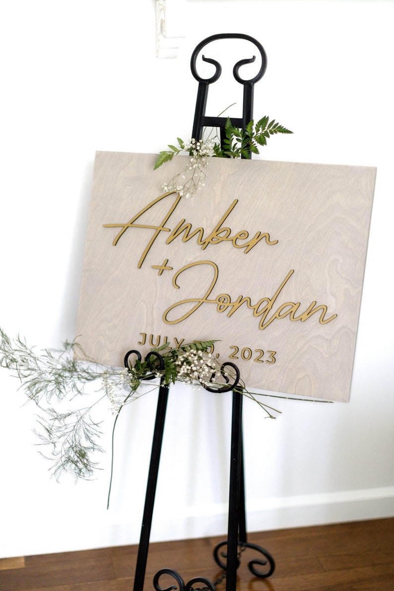 Wedding Welcome Sign, Custom 3D Gold Wood Wedding Sign, Minimalist Ceremony Sign, Modern Reception Sign, Personalized Name Sign image 3