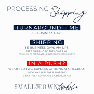 The image is a promotional graphic for a company named "Small Town Timbers" that offers shipping options. It features a mix of text and graphics, including a title, a subtitle, and a question about the shipping options. The image is not too long, and the text is clear and concise, providing information about the company's shipping services.