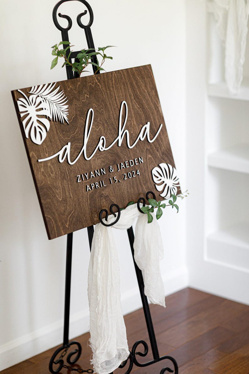 Letrero de boda Aloha, letrero de boda hawaiano de madera 3D, letrero de ceremonia personalizado, boda de destino, decoración de boda tropical, temática de playa imagen 2