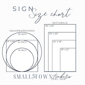 The image is a size chart that provides measurements for different sizes of circles, ranging from 30 inches to 18 inches. The chart is titled "SIGN SIZE chart" and is part of the "SMALL TOWN TIMBERS" brand, established in 2018.