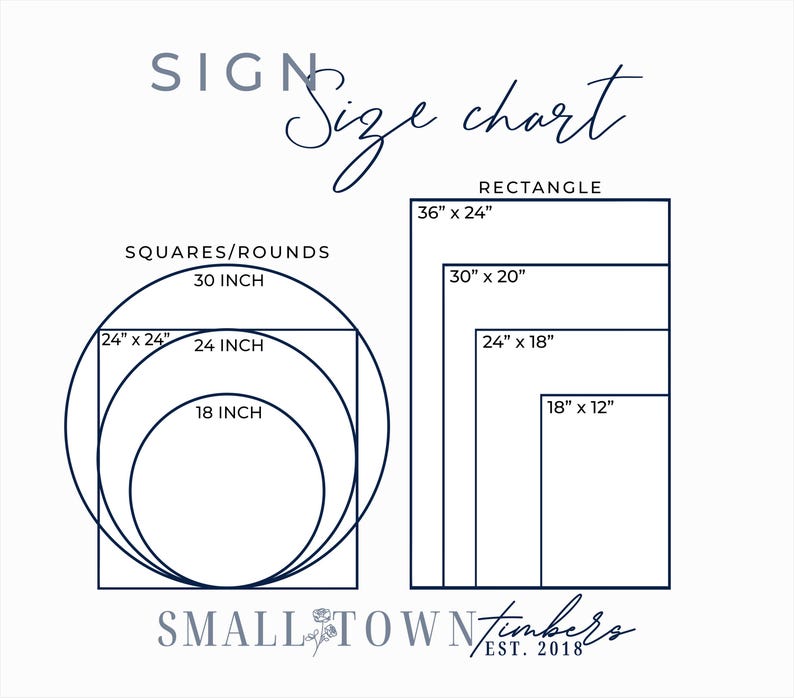 The image is a size chart that provides measurements for different sizes of circles, ranging from 30 inches to 18 inches. The chart is titled "SIGN SIZE chart" and is part of the "SMALL TOWN TIMBERS" brand, established in 2018.