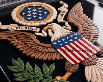 USA Great Seal 3d Wood Style Digital File, 16-bit 9000px Png for UV Printing, Sublimation, Dtf, Dtg, High-Res Faux Wood Carving.