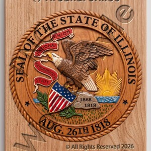 Op de afbeelding: Houten plaquette met het zegel van de staat Illinois, gedetailleerd in reliëf gesneden. Het ontwerp omvat een adelaar, schild en tekst, waaronder "AUG. 26TH 1818" en "© All Rights Reserved 2026". De achtergrond is lichtbruin hout.