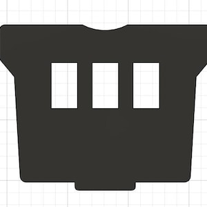 Peut inclure: Un objet rectangulaire noir avec trois découpes rectangulaires espacées. Le bord supérieur présente une légère courbe avec une petite encoche au centre. Le bord inférieur présente une petite protubérance rectangulaire.