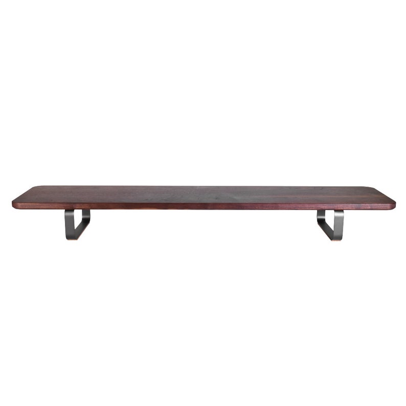 walnut monitor stand, walnut desk shelf, walnut desk stand, matte black steel legs, front view