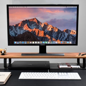white oak monitor stand, white oak desk shelf, white oak desk stand, monitor, desk mat, mouse, key board, modern desk setup, work from home